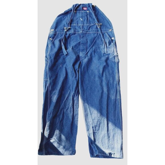 Vintage Dickies Denim Bib Overalls 50x 30 Carpenter Blue Work Button Fly Trucker - Picture 1 of 6